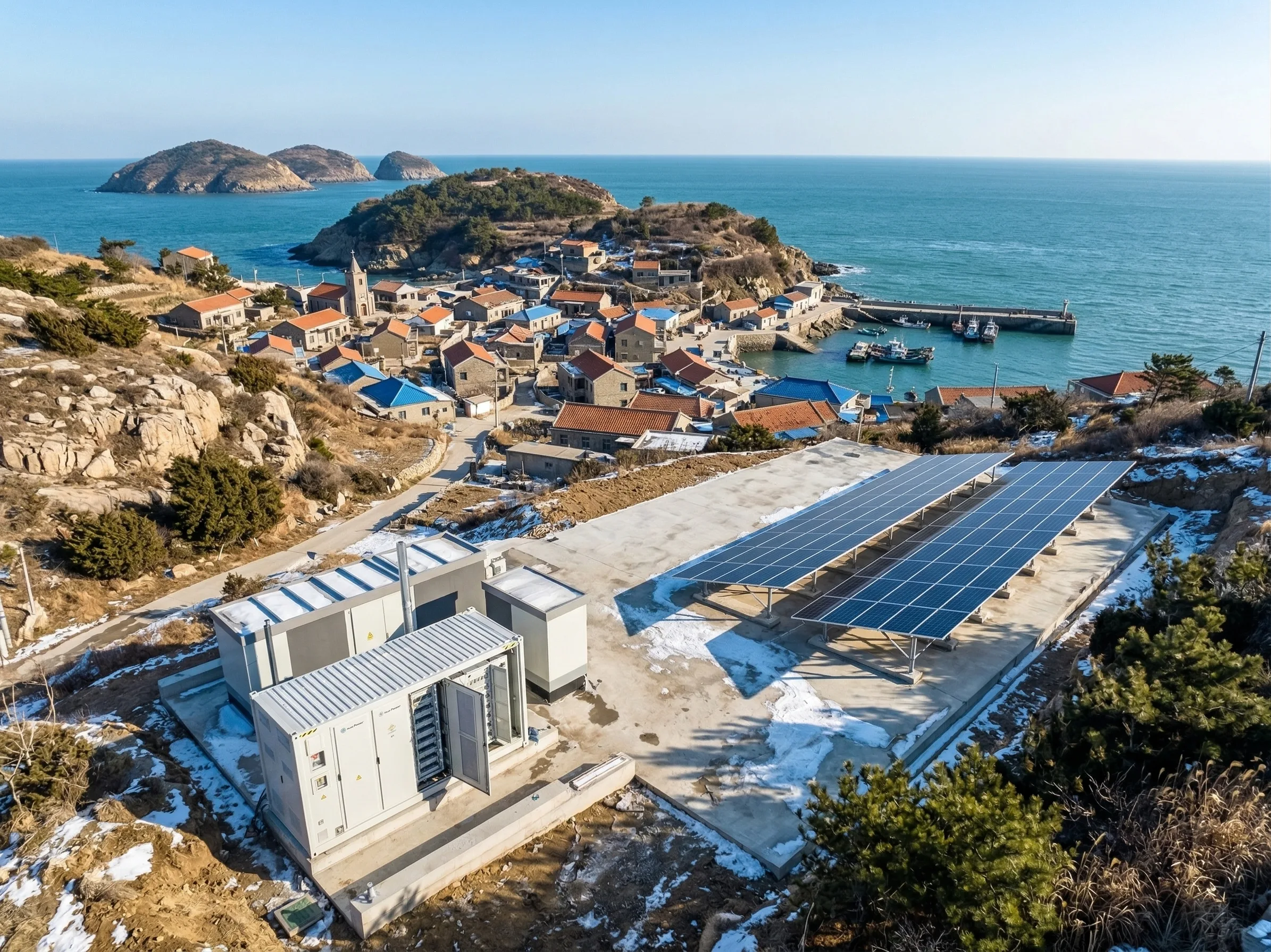 Off-grid energy storage system on a remote island